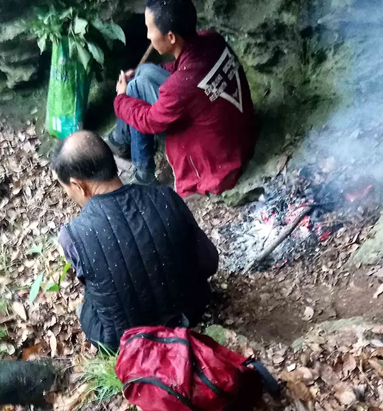 采药人的艰辛 采药材被雨淋湿